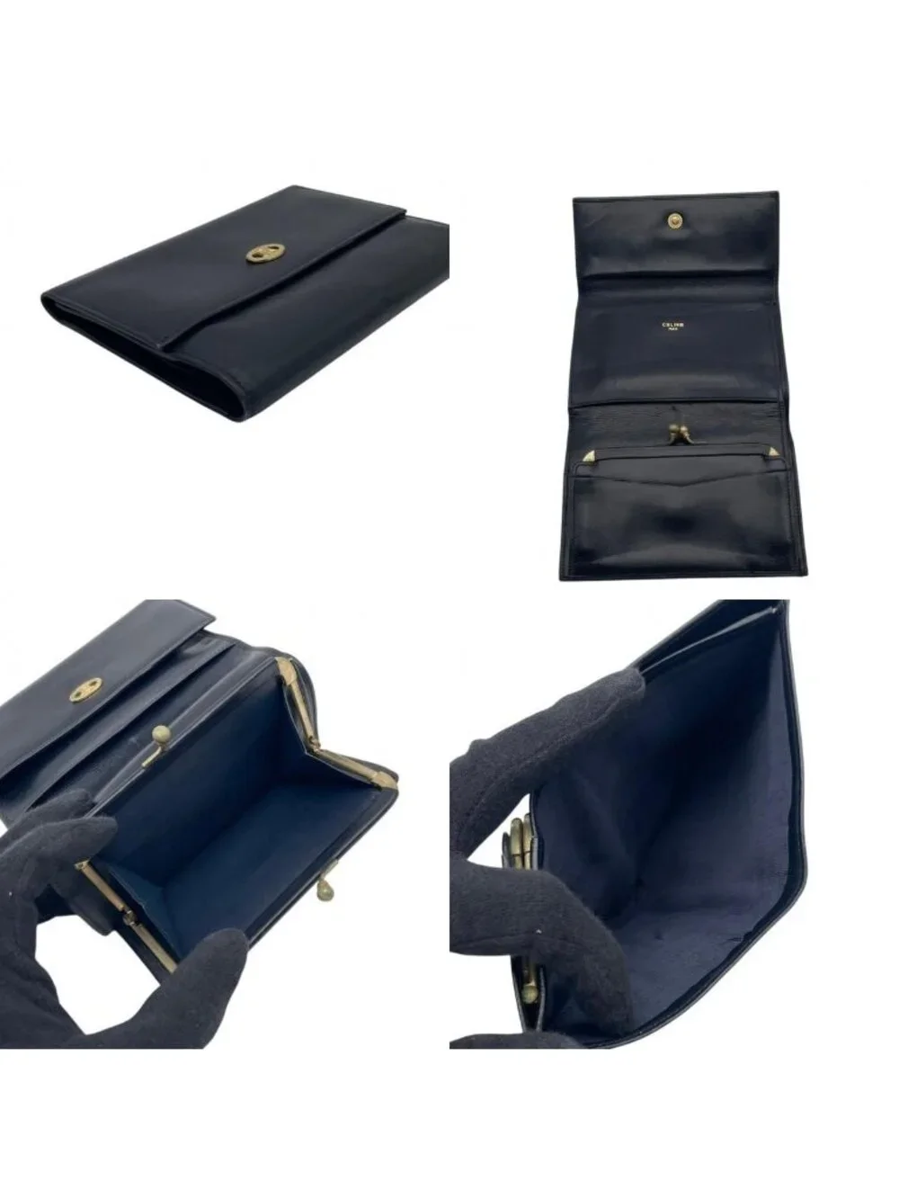 Celine Triomphe Macadam Vintage Fold Wallet Mini Leather Black Gold Classic